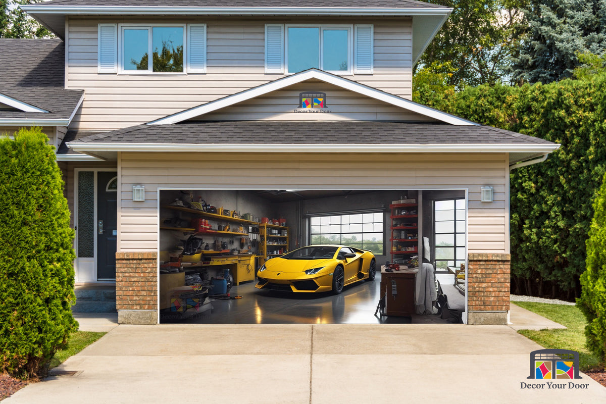 Yellow Lamborghini Huracan Parked in the Garage - Garage Door Cover Banner Wrap #2 — exterior clearance cover