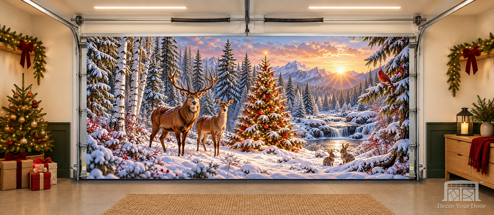 Enchanted Woodland Christmas interior garage door cover — TwoCar front, Decor Your Door