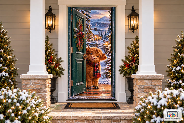Highland Calf Christmas Cottage Front Door Cover printed 3D door illusion on a snowy Christmas porch, front view.