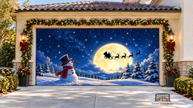Snowman Waving to Santa Christmas Garage Door Cover — two-car garage front view