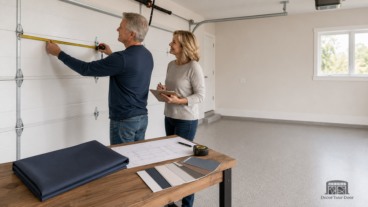 Homeowner measuring a sectional garage door inside a clean garage while planning a garage door cover purchase