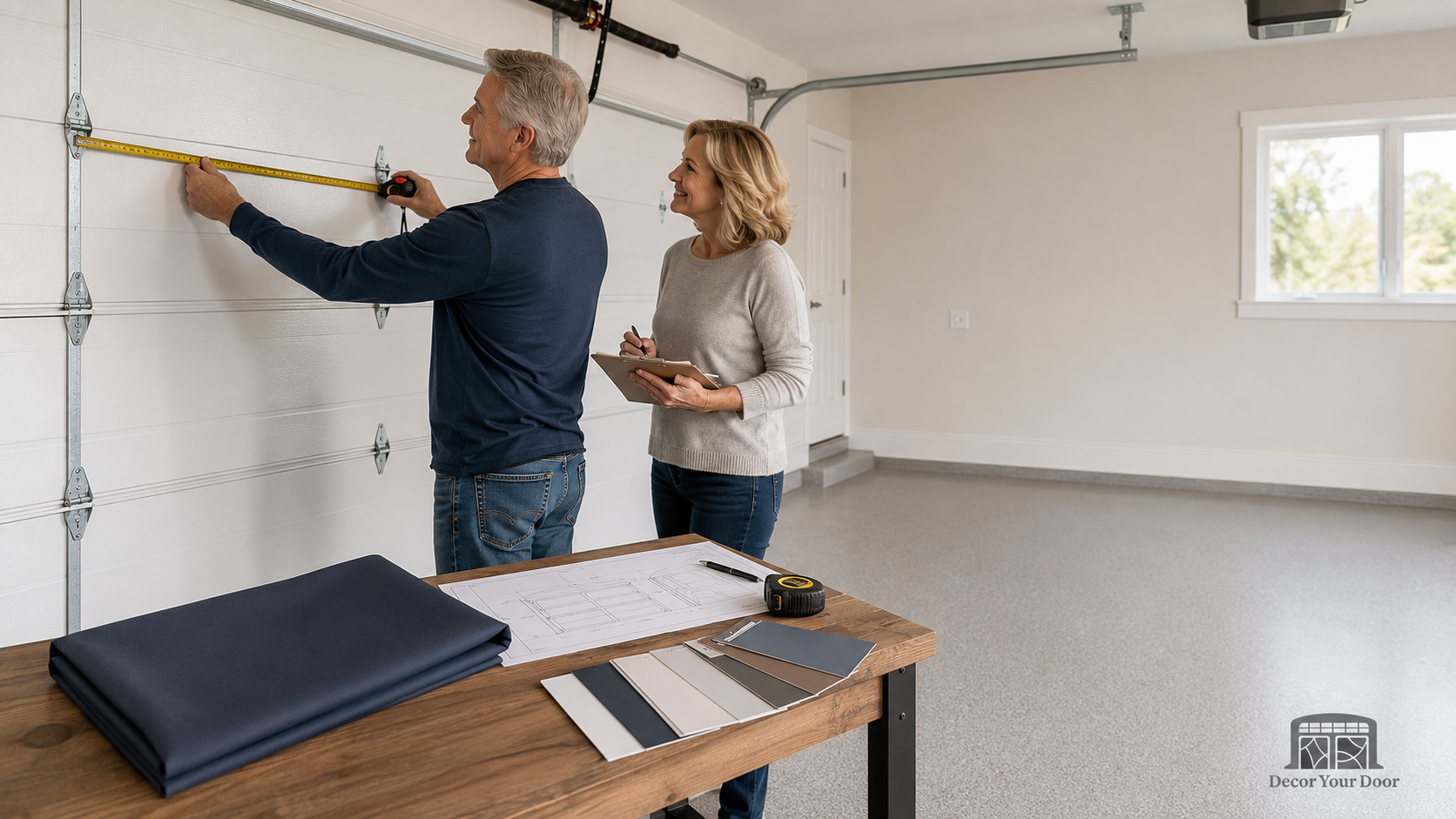 Homeowner measuring a sectional garage door inside a clean garage while planning a garage door cover purchase