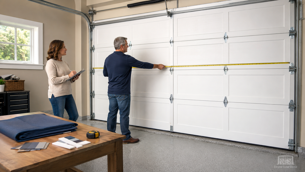 Homeowners measuring a sectional garage door from inside the garage before ordering a garage door cover