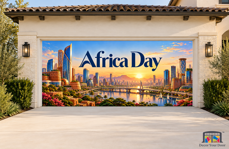 Modern Horizons Africa Day garage door cover, exterior two front