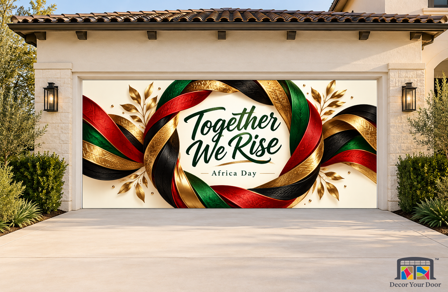 Unity Ribbon Sculpture Africa Day garage door cover, exterior two front