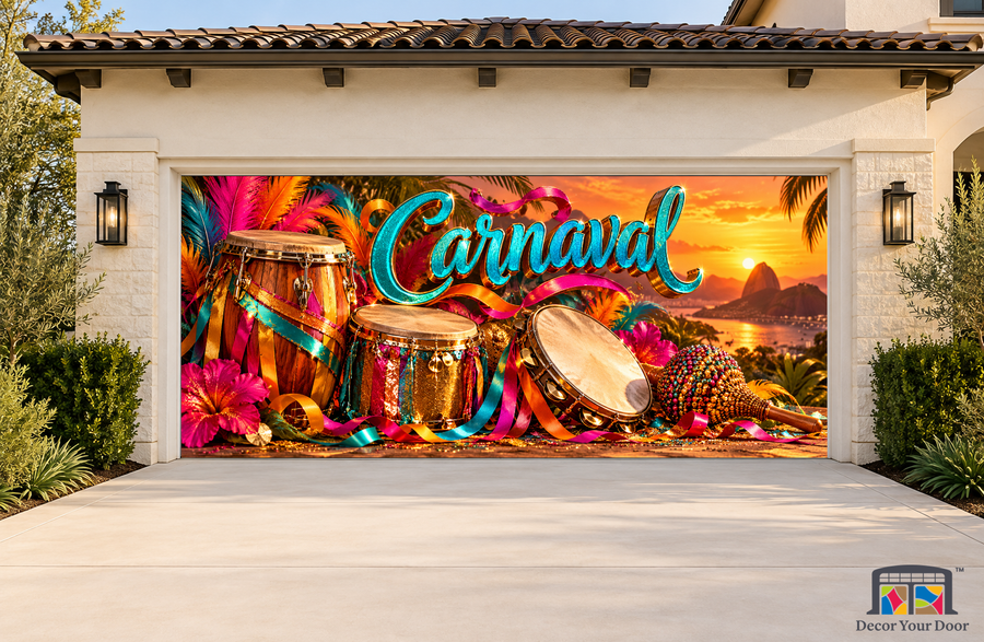 Brazilian Percussion Glow Carnaval garage door cover, exterior two front