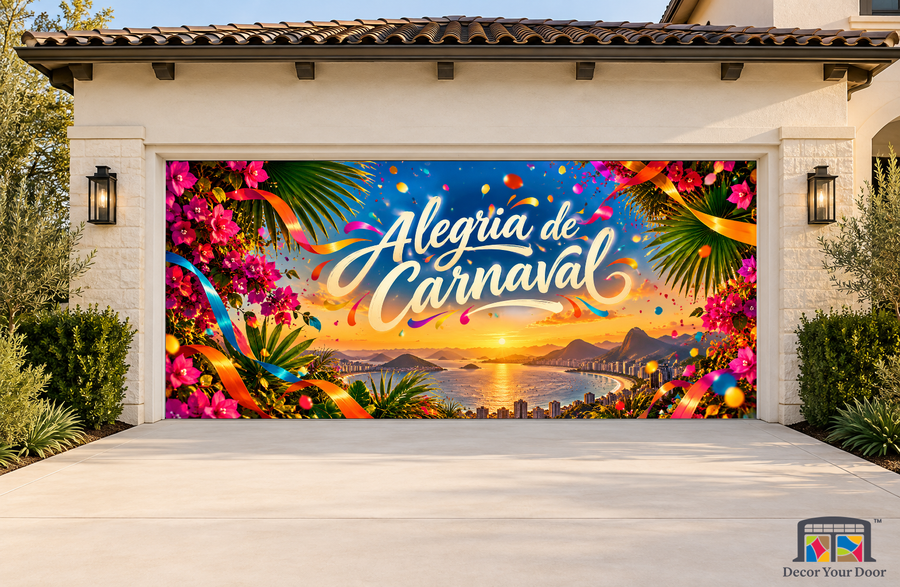 Coastal Bloco Confetti Carnaval garage door cover, exterior two front
