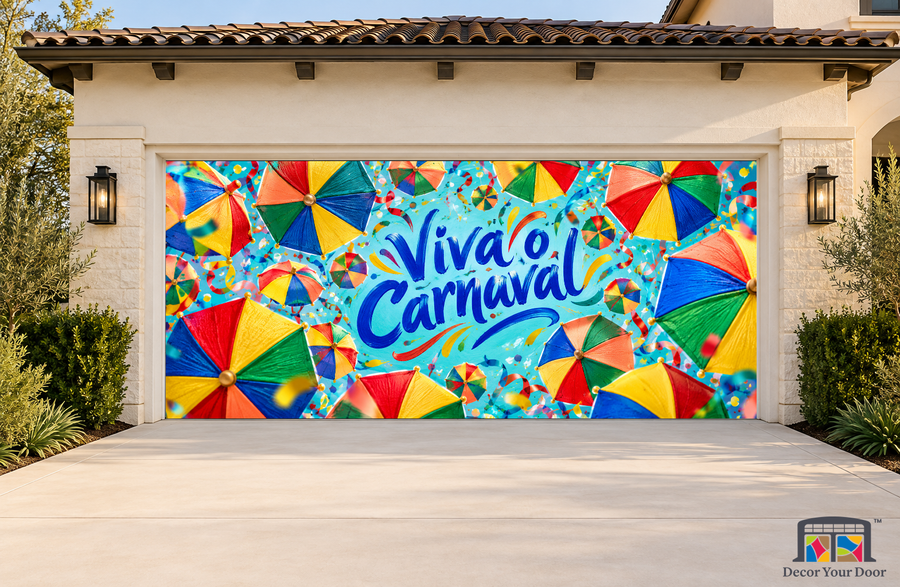 Frevo Umbrella Whirl Carnaval garage door cover, exterior two front