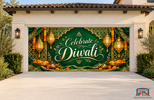 Emerald Lantern Tapestry Diwali Garage Door Cover