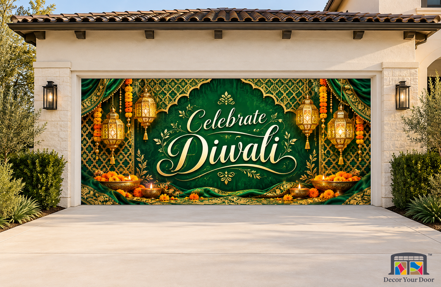 Emerald Lantern Tapestry Diwali garage door cover, exterior two front