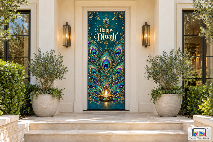 Peacock Jewel Mosaic Diwali front door cover, front door front
