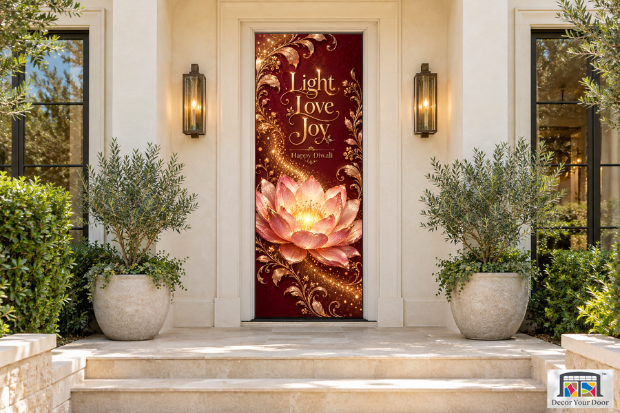 Rose Gold Lotus Glow Diwali front door cover, front door front