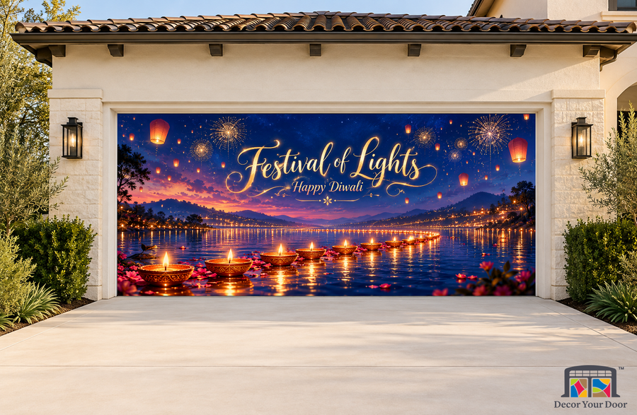 Sapphire Festival of Lights Diwali garage door cover, exterior two front