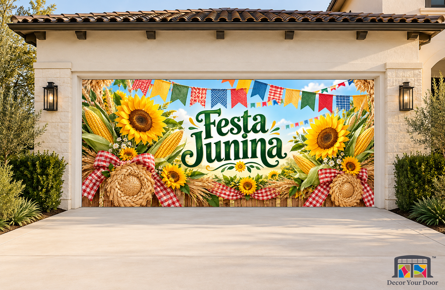Sunflower Harvest Festa Festa Junina - Sao Joao garage door cover, exterior two front