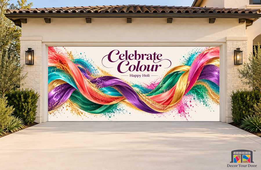 Chromatic Silk Current Holi garage door cover, exterior two front