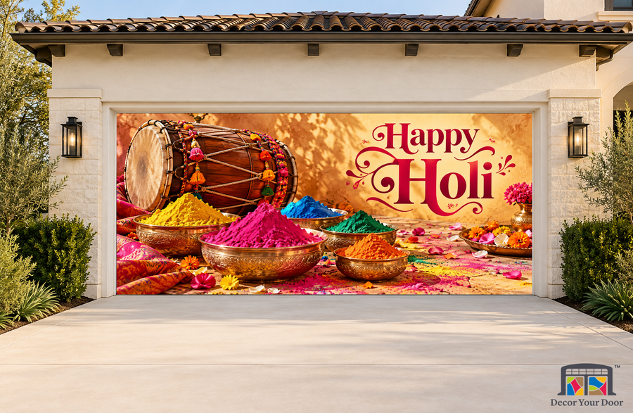 Gulal Artisan Still Life Holi garage door cover, exterior two front