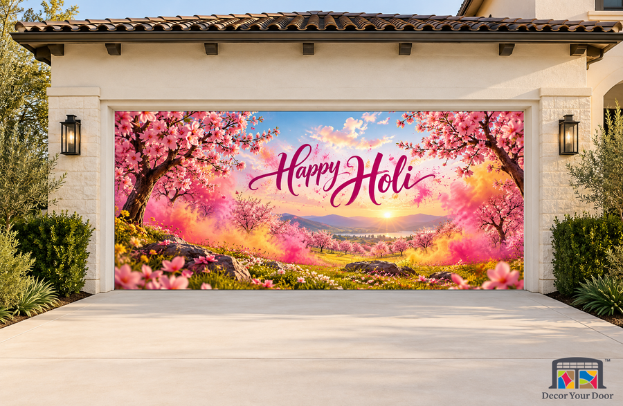 Spring Orchard of Colour Holi garage door cover, exterior two front