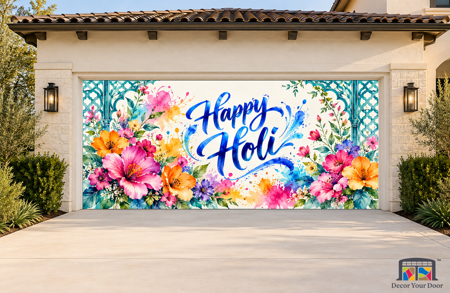 Watercolour Garden Festival Holi garage door cover, exterior two front