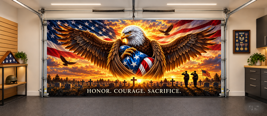 Honor Courage Sacrifice interior garage door cover — two car front