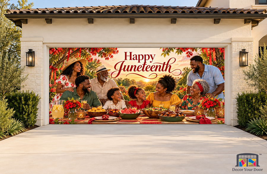 Community Garden Celebration Juneteenth garage door cover, exterior two front