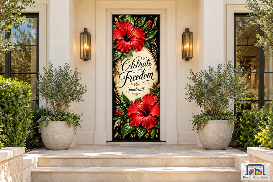 Freedom Hibiscus Juneteenth front door cover, front door front