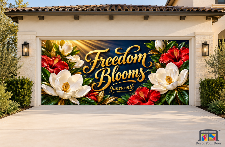 Freedom Magnolia Garden Juneteenth garage door cover, exterior two front