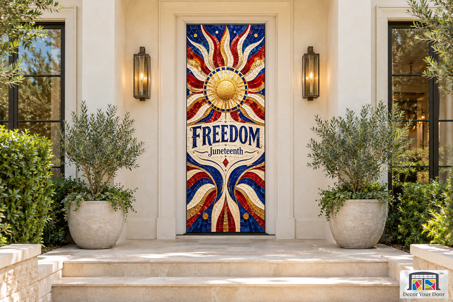 Freedom Patchwork Mosaic Juneteenth front door cover, front door front