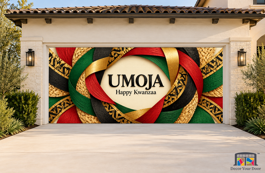 Umoja Circle Kwanzaa garage door cover, exterior two front