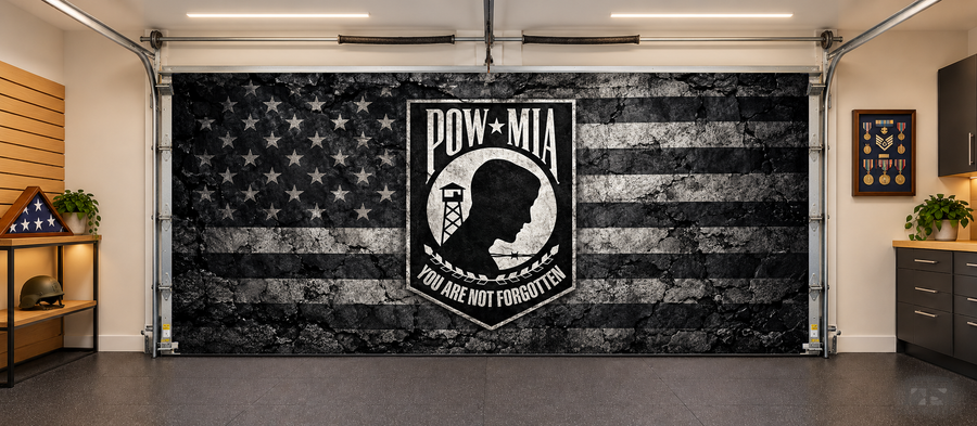 POW MIA Tribute interior garage door cover — two car front