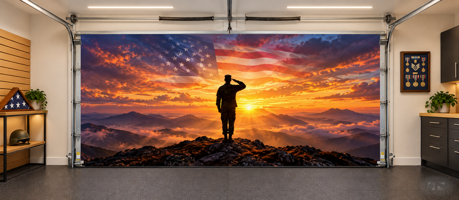Salute at Sunset interior garage door cover — two car front