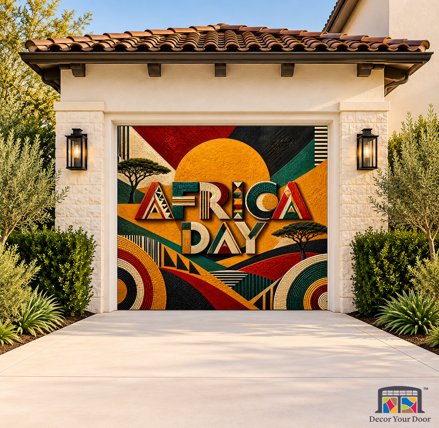 African Design Futures Africa Day Garage Door Cover on a one-car garage, exterior front house mockup