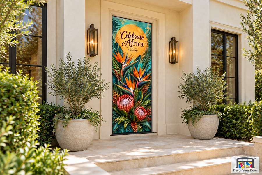 Botanical Welcome Africa Day front door cover, front door angle