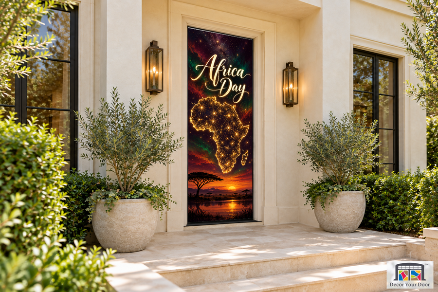 Continent Constellation Africa Day front door cover, front door angle