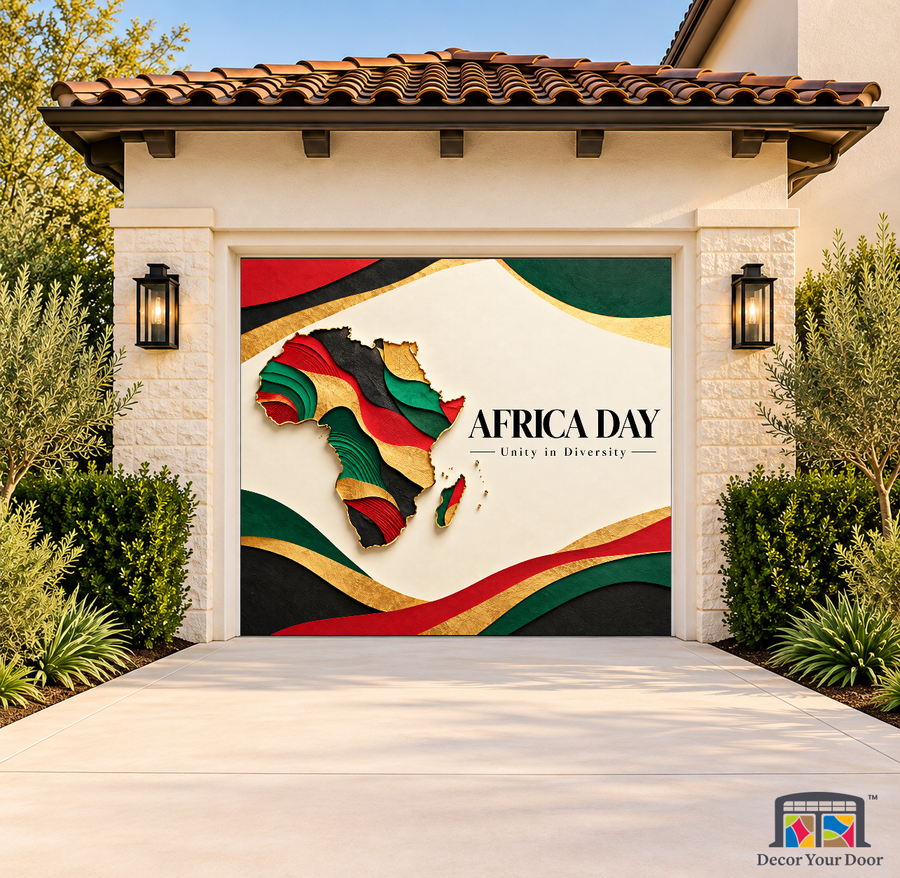 Continent of Possibilities Africa Day Garage Door Cover on a one-car garage, exterior front house mockup