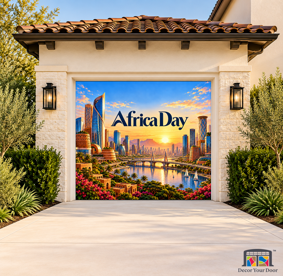 Modern Horizons Africa Day Garage Door Cover on a one-car garage, exterior front house mockup
