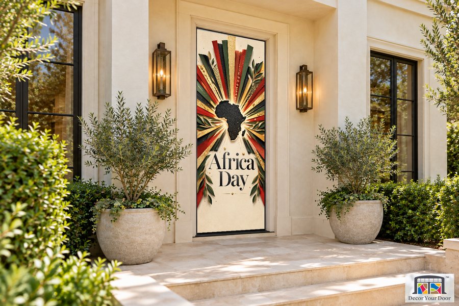 Sunburst Unity Africa Day front door cover, front door angle