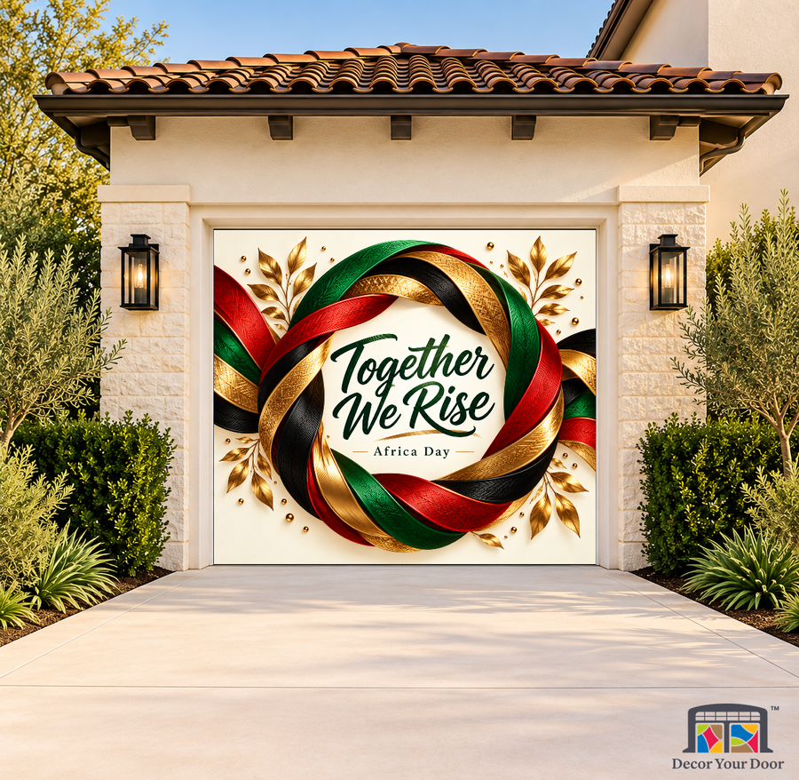 Unity Ribbon Sculpture Africa Day Garage Door Cover on a one-car garage, exterior front house mockup