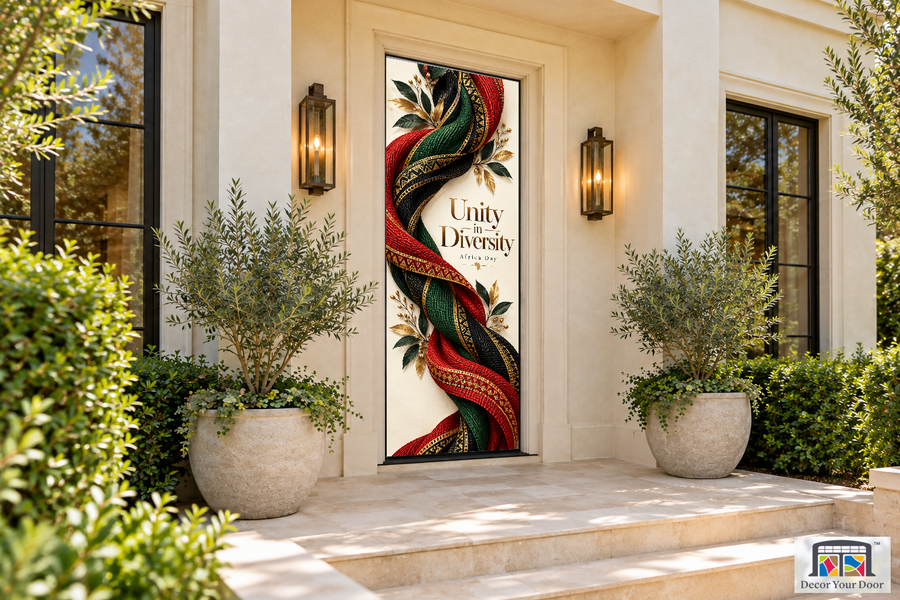 Woven Rhythms Africa Day front door cover, front door angle