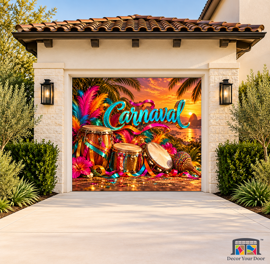 Brazilian Percussion Glow Carnaval Garage Door Cover on a one-car garage, exterior front house mockup