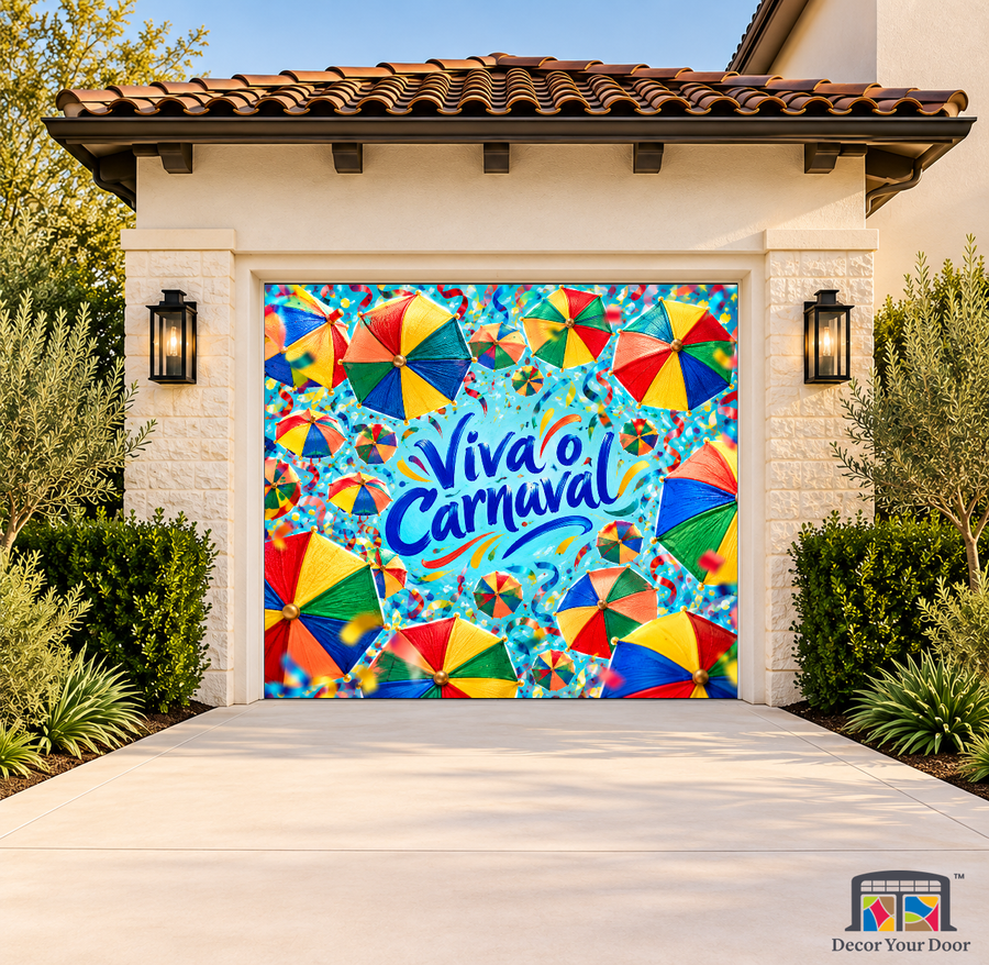 Frevo Umbrella Whirl Carnaval Garage Door Cover on a one-car garage, exterior front house mockup