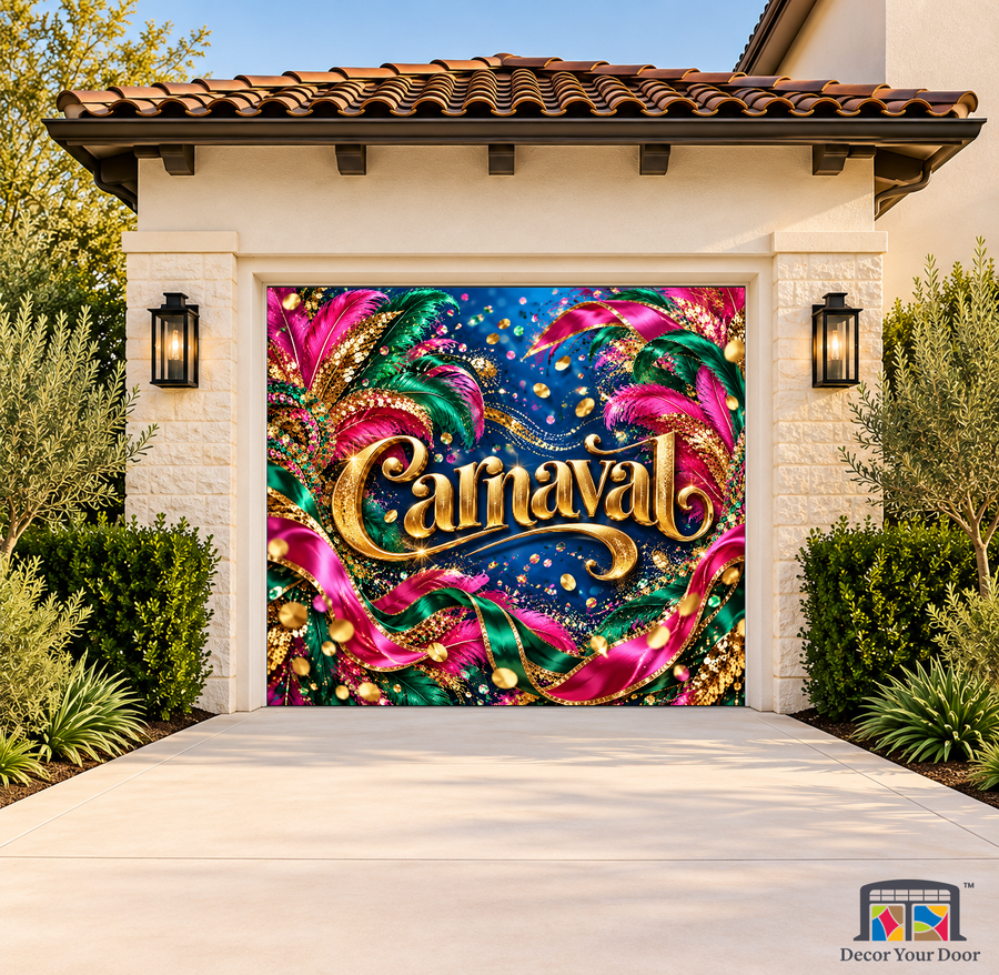 Rio Rhythm Carnaval Garage Door Cover on a one-car garage, exterior front house mockup
