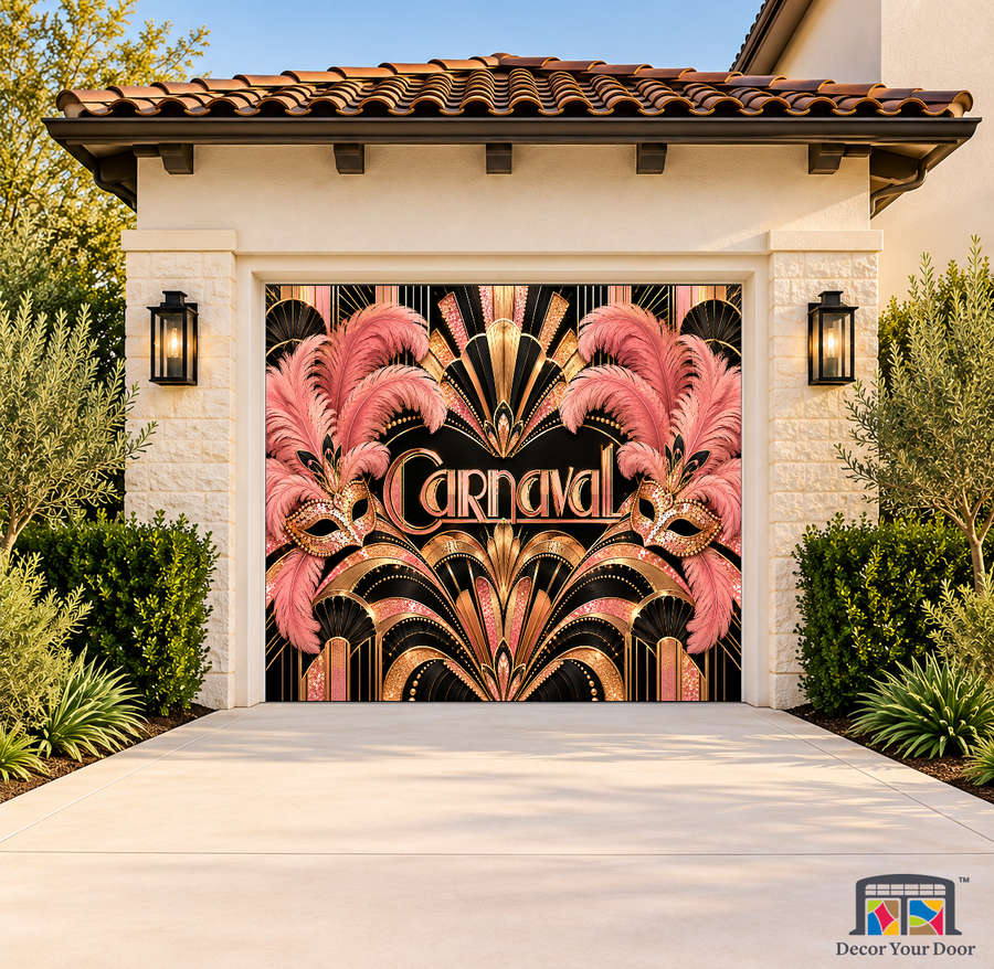 Samba Art Deco Night Carnaval Garage Door Cover on a one-car garage, exterior front house mockup