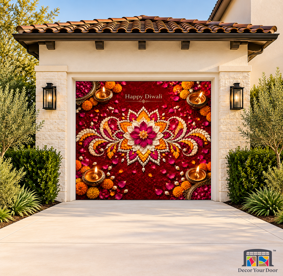 Crimson Rangoli Atelier Diwali Garage Door Cover on a one-car garage, exterior front house mockup