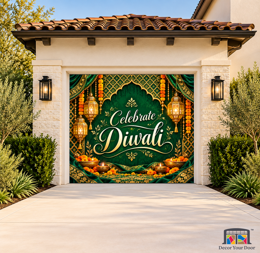 Emerald Lantern Tapestry Diwali Garage Door Cover on a one-car garage, exterior front house mockup