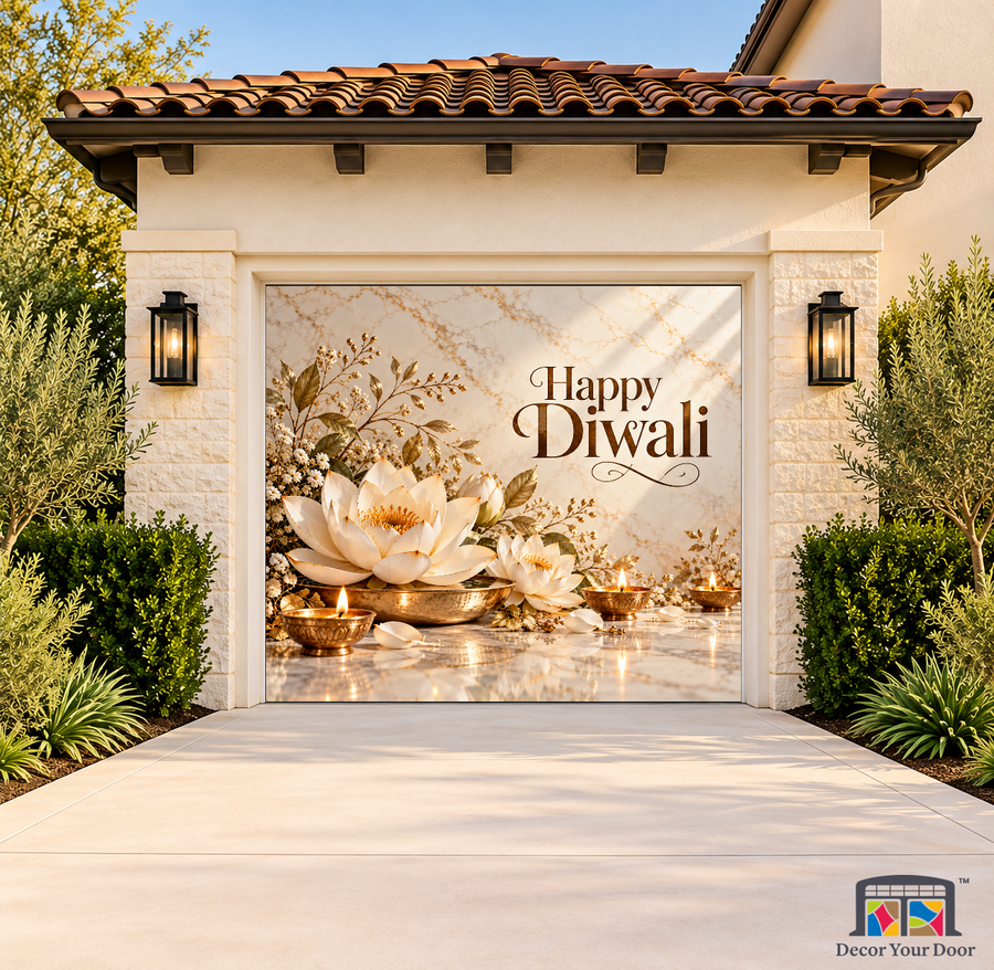 Ivory Marble Radiance Diwali Garage Door Cover on a one-car garage, exterior front house mockup