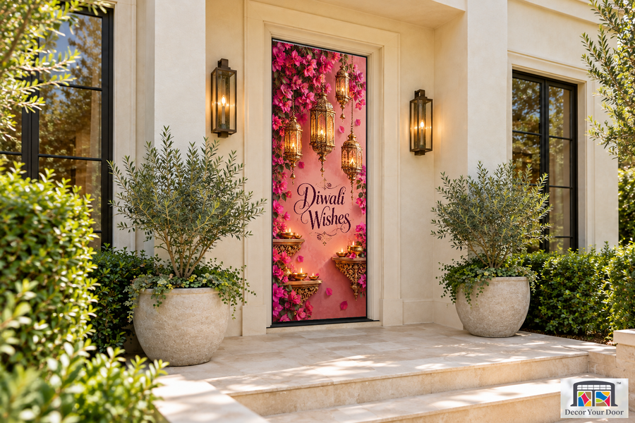 Lantern Bloom Cascade Diwali front door cover, front door angle