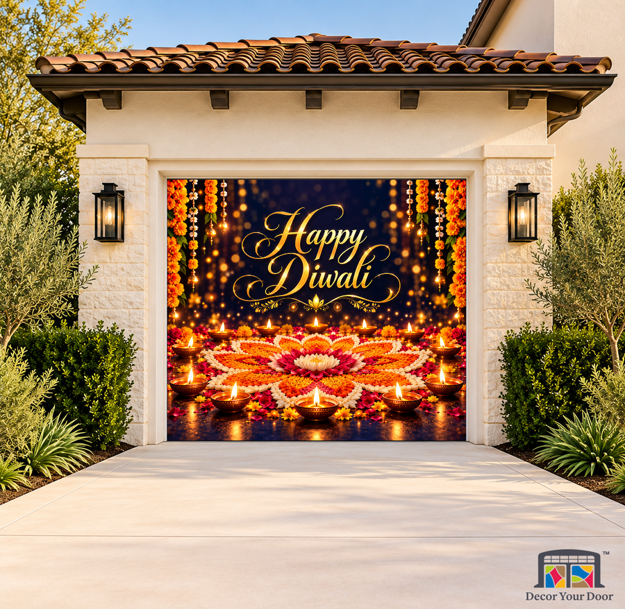 Midnight Lotus Lights Diwali Garage Door Cover on a one-car garage, exterior front house mockup