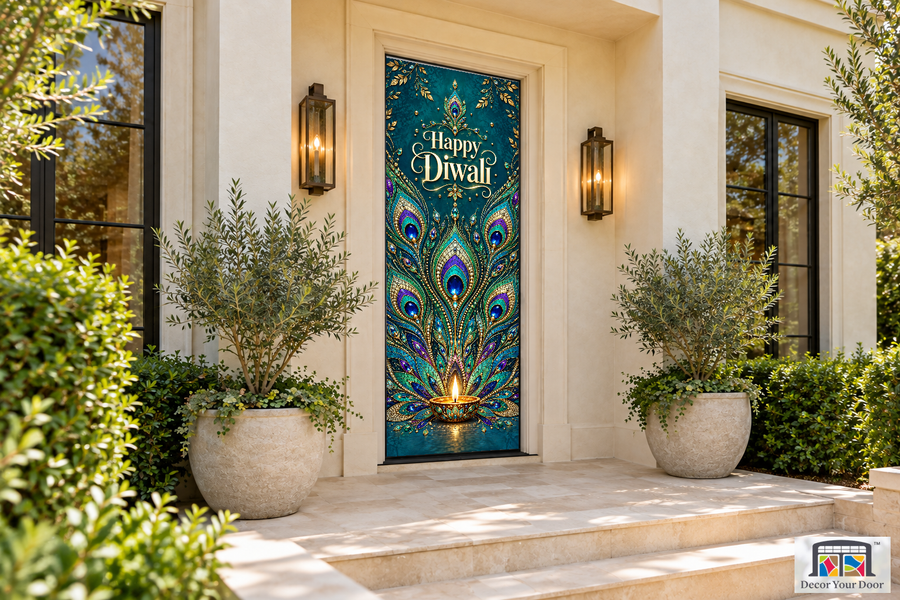 Peacock Jewel Mosaic Diwali front door cover, front door angle