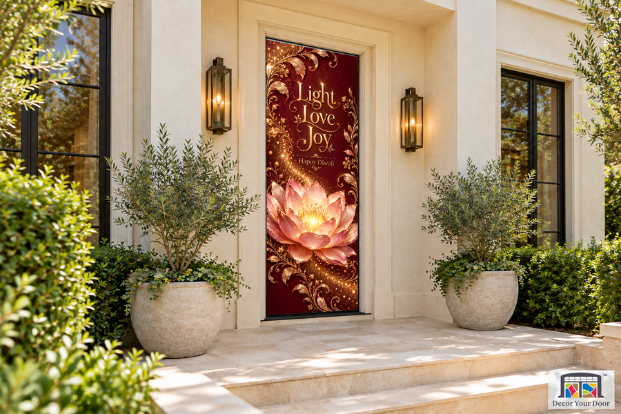 Rose Gold Lotus Glow Diwali front door cover, front door angle