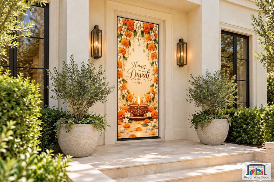 Saffron Pearl Welcome Diwali front door cover, front door angle